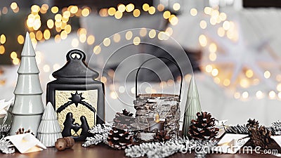 Various home Christmas or New Year decorations composition at coffee table Stock Photo