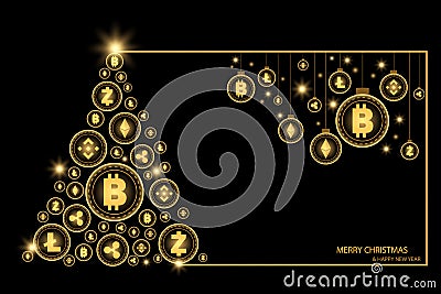 Christmas and New year concept. Golden Christmas tree and bauble ball hanging by shiny cryptocurrency coin on black background Vector Illustration