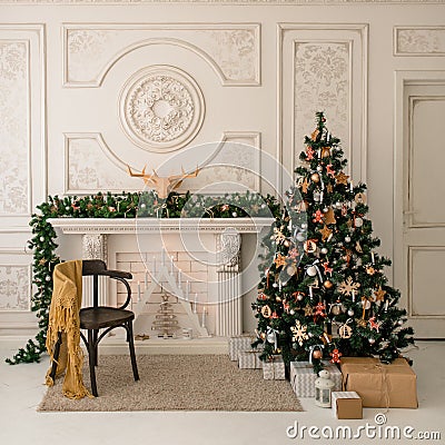 Christmas and New Year decorated interior room with presents and New year tree Stock Photo