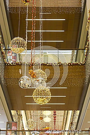 Christmas and new year decoration with balls and Christmas tree in the shopping mall - Antalya, Turkey - 12.01.2018 Stock Photo