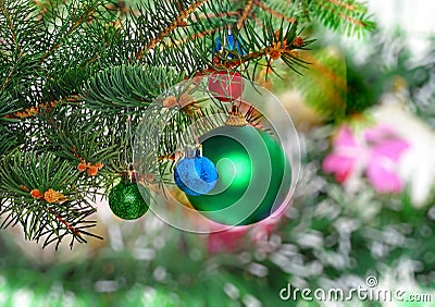 Christmas,New Year decoration-balls, green tinsel Stock Photo