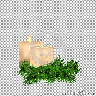 Christmas and New Year decoration with candles and spruce twig isolated on transparent background. Cartoon Illustration