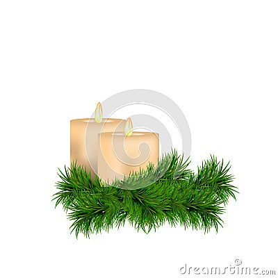 Christmas and New Year decoration with candles and spruce twig isolated on white background Vector Illustration