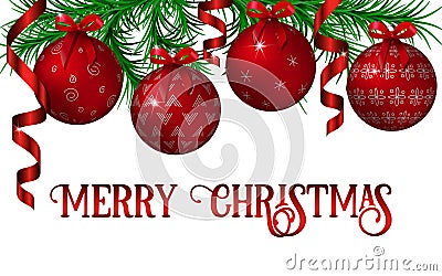 Christmas and new year decoration template with fir tree garland, red ornated metallic shiny christmas balls, curled ribbons Cartoon Illustration
