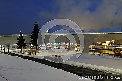 Christmas and New Year decorations on glass bridge in Zaryadye park in Moscow. Editorial Stock Photo