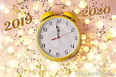 Christmas and new year decorations and greeting card with retro style alarm clock on confetti background Stock Photo