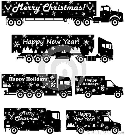 Christmas and New Year delivery. Set of different silhouettes of delivery trucks on white background. Vector illustration. Cartoon Illustration