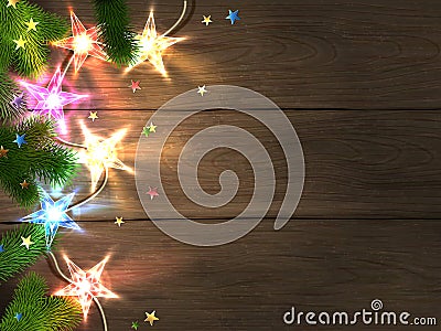 Christmas and New Year design template with wooden background, colorful star-shaped lights, fir branches and confetti. Vector Illustration