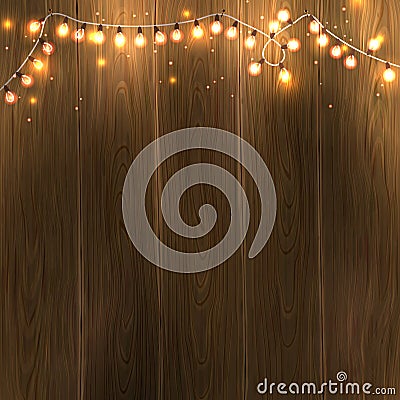 Christmas New Year design: wooden background with christmas lights garland. Vector illustration, eps10. Vector Illustration