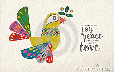 Christmas and New Year dove bird folk art card Vector Illustration