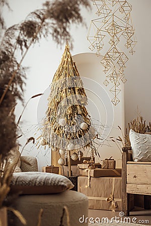 Christmas new year eco tree from wheat and rye ears and other craftmade decoration Stock Photo
