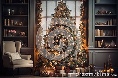 Christmas, New Year, evening interior with decorated Christmas tree and gifts Stock Photo