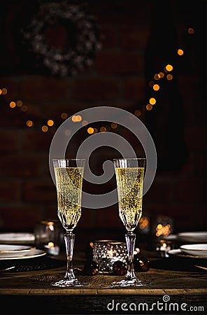 Christmas or New year celebration table set with champagne Stock Photo