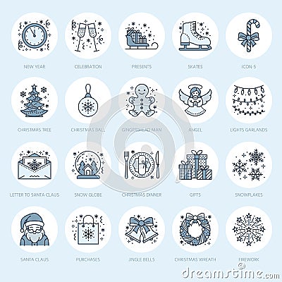 Christmas, new year flat line icons. Winter holidays Vector Illustration