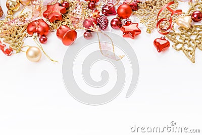 Christmas or new year frame composition. christmas gold decorations on white background with empty copy space for text Stock Photo