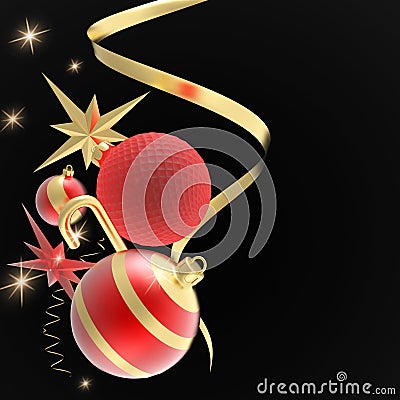 Christmas and New Year geometric background. Xmas baubles, stars and sparkles on the black. Nice design for greeting card, poster Stock Photo