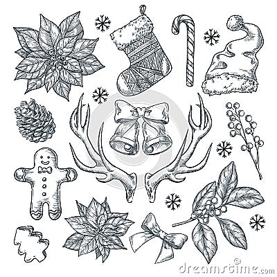 Christmas and New Year gift decoration. Vector sketch hand drawn illustration. Winter holiday design and decor elements Vector Illustration