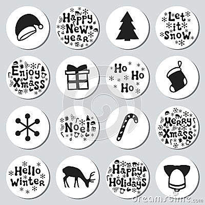 Christmas New Year gift round stickers. Labels xmas set. Hand drawn decorative element. Collection of holiday christmas Vector Illustration