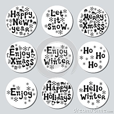 Christmas New Year gift round stickers. Labels xmas set. Hand drawn decorative element. Collection of holiday christmas Vector Illustration