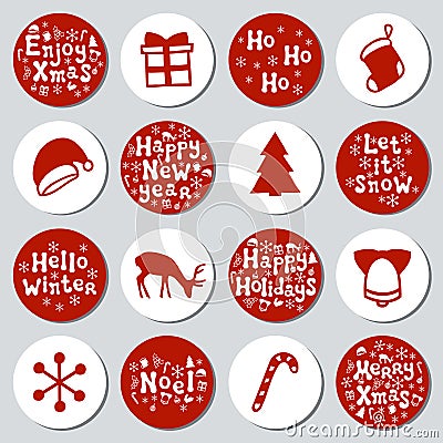 Christmas New Year gift round stickers. Labels xmas set. Hand drawn decorative element. Collection of holiday christmas Vector Illustration