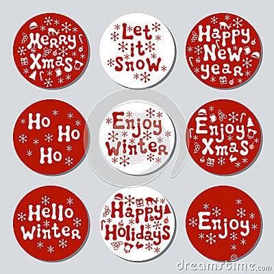 Christmas New Year gift round stickers. Labels xmas set. Hand drawn decorative element. Collection of holiday christmas Vector Illustration