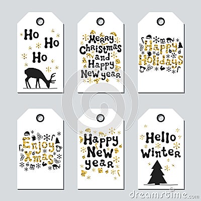 Christmas and New Year gift tags. Cards xmas gold set. Hand drawn element. Collection of holiday paper label in black Vector Illustration