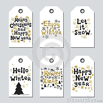 Christmas and New Year gift tags. Cards xmas gold set. Hand drawn element. Collection of holiday paper label in black Vector Illustration