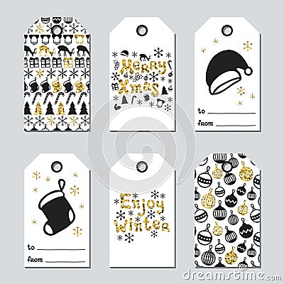 Christmas and New Year gift tags. Cards xmas gold set. Hand drawn element. Collection of holiday paper label in black Vector Illustration