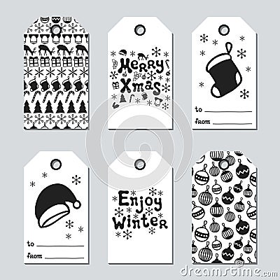 Christmas and New Year gift tags. Cards xmas set with hand drawing elements. Collection of holiday paper label in black Vector Illustration