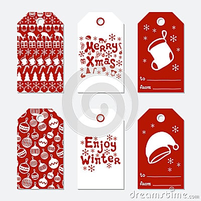 Christmas and New Year gift tags. Cards xmas set with hand drawing elements. Collection of holiday paper label in red Vector Illustration