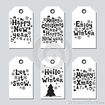 Christmas and New Year gift tags. Cards xmas set. Hand drawn elements. Collection of holiday paper label in black and Vector Illustration