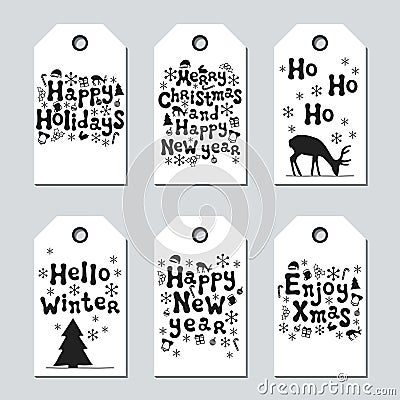 Christmas and New Year gift tags. Cards xmas set. Hand drawn elements. Collection of holiday paper label in black and Vector Illustration