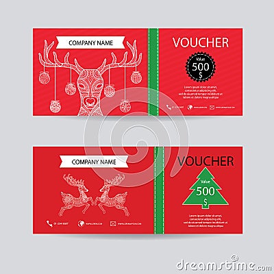 Christmas and new year gift voucher certificate coupon template. Decorate with detailed hand drawn Christmas deer zentangle style Vector Illustration