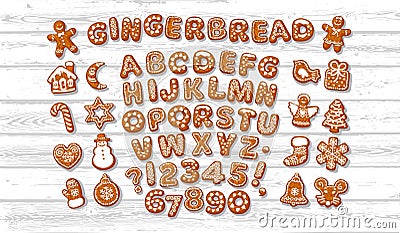 Christmas and New Year gingerbread alphabet letters and numbers and cute traditional holiday cookies Vector Illustration