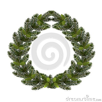 Christmas, New Year. A green branch of spruce in the form of a Christmas wreath with cones. on a white background Vector Illustration