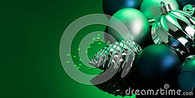 Christmas and New Year green color baubles decoration background. Art design backdrop Stock Photo