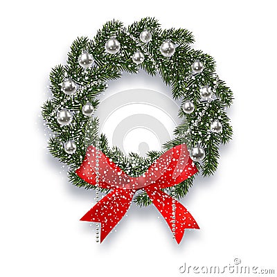 Christmas, New Year. Green spruce branch. Christmas wreath with shadow and snowflakes. Red onions, silver balls and Vector Illustration