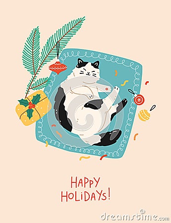 Christmas and New Year greeting card with cat sleeping and lying on rug Vector Illustration