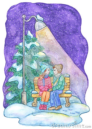 Christmas and New Year greeting card with couple in love sitting on the bench under lantern light in snow fall in the park at Cartoon Illustration