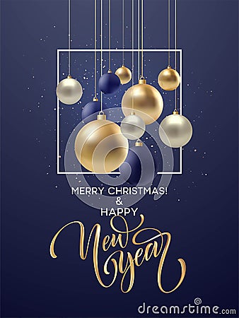 Christmas and New Year greeting card, design of xmas black, silvr, gold bauble with golden glitter confetti. Vector Vector Illustration