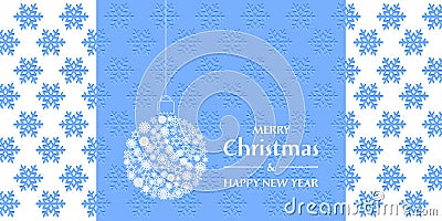 Christmas and New Year greeting card. Lace Christmas ball on the embossed background with snowflakes Vector Illustration