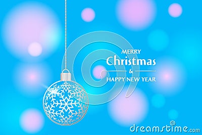 Christmas and New Year greeting card. Lace silver Christmas ball on the blue background Vector Illustration