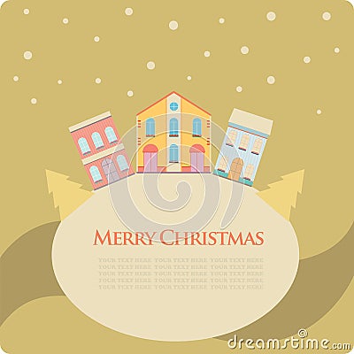 Christmas, New Year greeting card with street view with lovely houses in small town Vector Illustration