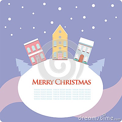 Christmas, New Year greeting card with street view with lovely houses in small town Vector Illustration