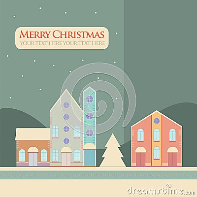 Christmas, New Year greeting card with street view with lovely houses in small town Cartoon Illustration