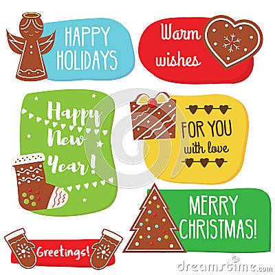 Christmas and New Year greeting tags with gingerbread cookies. Traditional seasonal warm wishes Vector Illustration