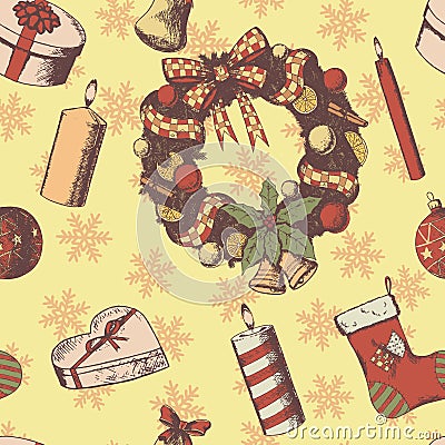 Christmas or New year hand drawn colored vector seamless pattern. Attributes and Symbols sketch, vintage style, wreath Vector Illustration