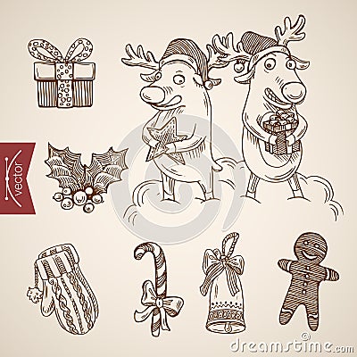 Christmas New Year handdrawn elk reindeer candy cane vector Vector Illustration