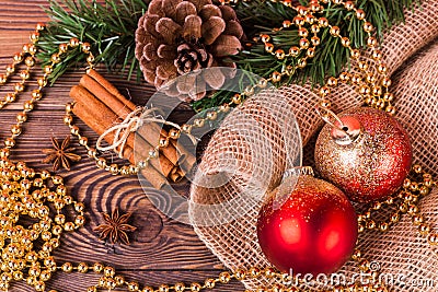 Christmas and New Year holiday background. Christmas decor on a wooden table. Top view, blank space Stock Photo