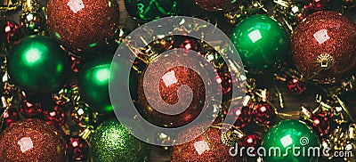 Colorful christmas tree decoration balls, top view, wide composition Stock Photo
